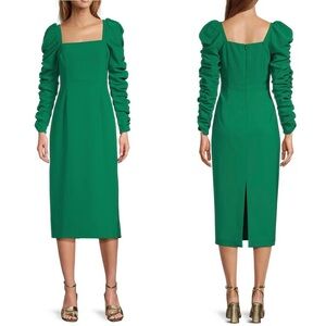 NWT ANTONIO MELANI Elena Crepe Square Neck Long Ruched Sleeve Midi Dress Size 10
